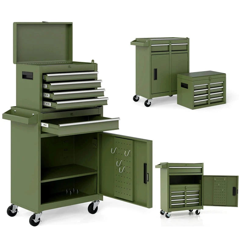 2-in-1 Rolling Tool Chest, 5-Drawer Tool Storage Cabinet with Wheels, Adjustable Shelf, Tool Box Organizer for Garage Warehouse Workshop