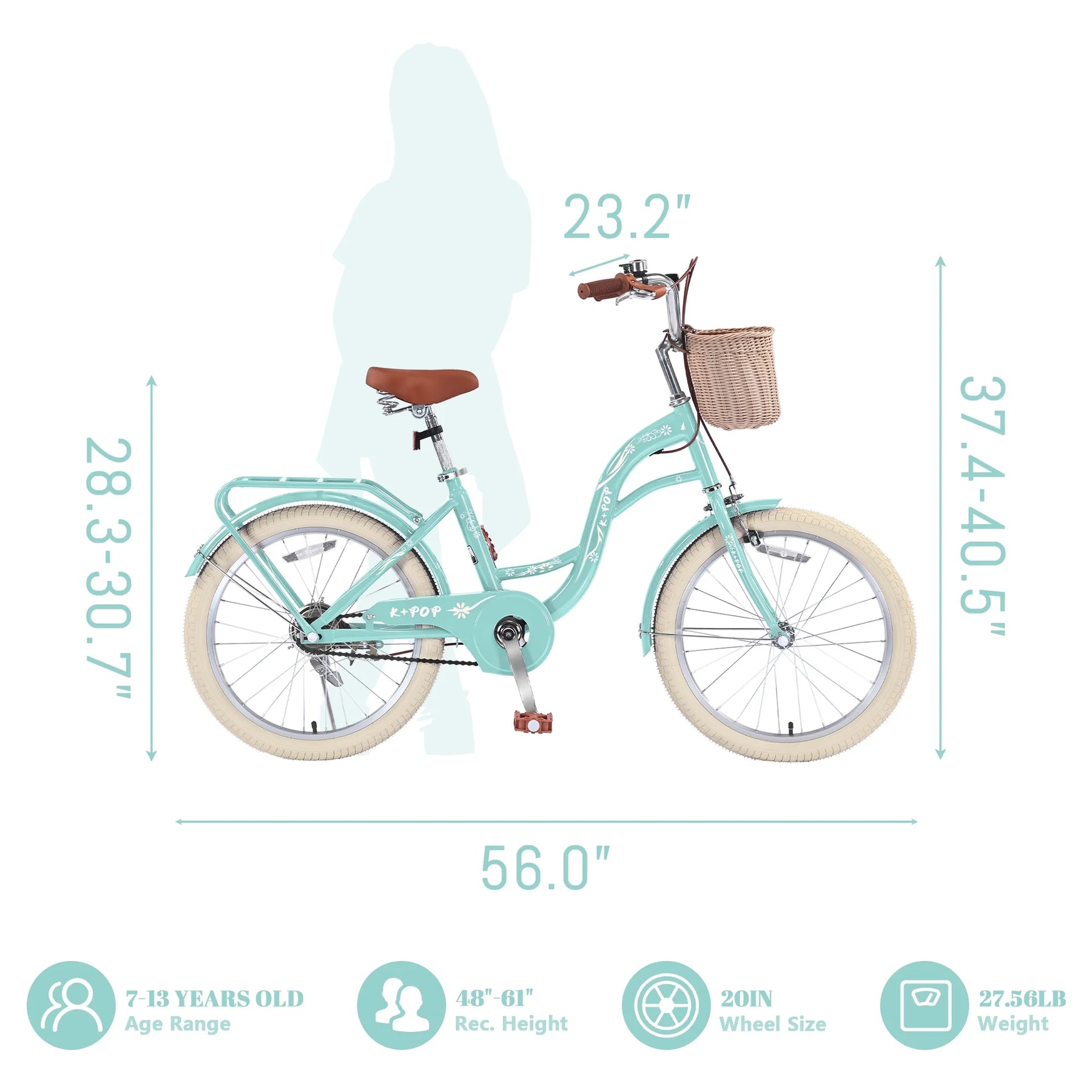 Bstjewey 20 in Girls Bike with Basket, Kids Bicycle for Ages 7 - 13