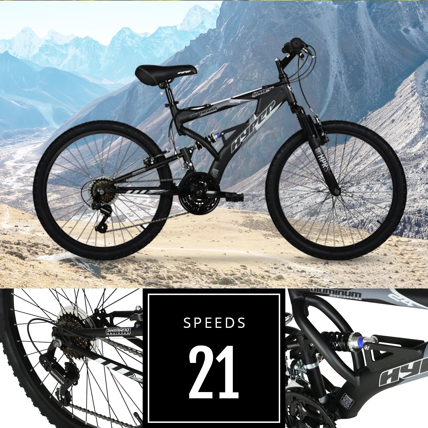 24" Hyper Bicycles Havoc Mountain Bike, Youth/Adult, Recommended Ages 10 - 14 Years Old, Black