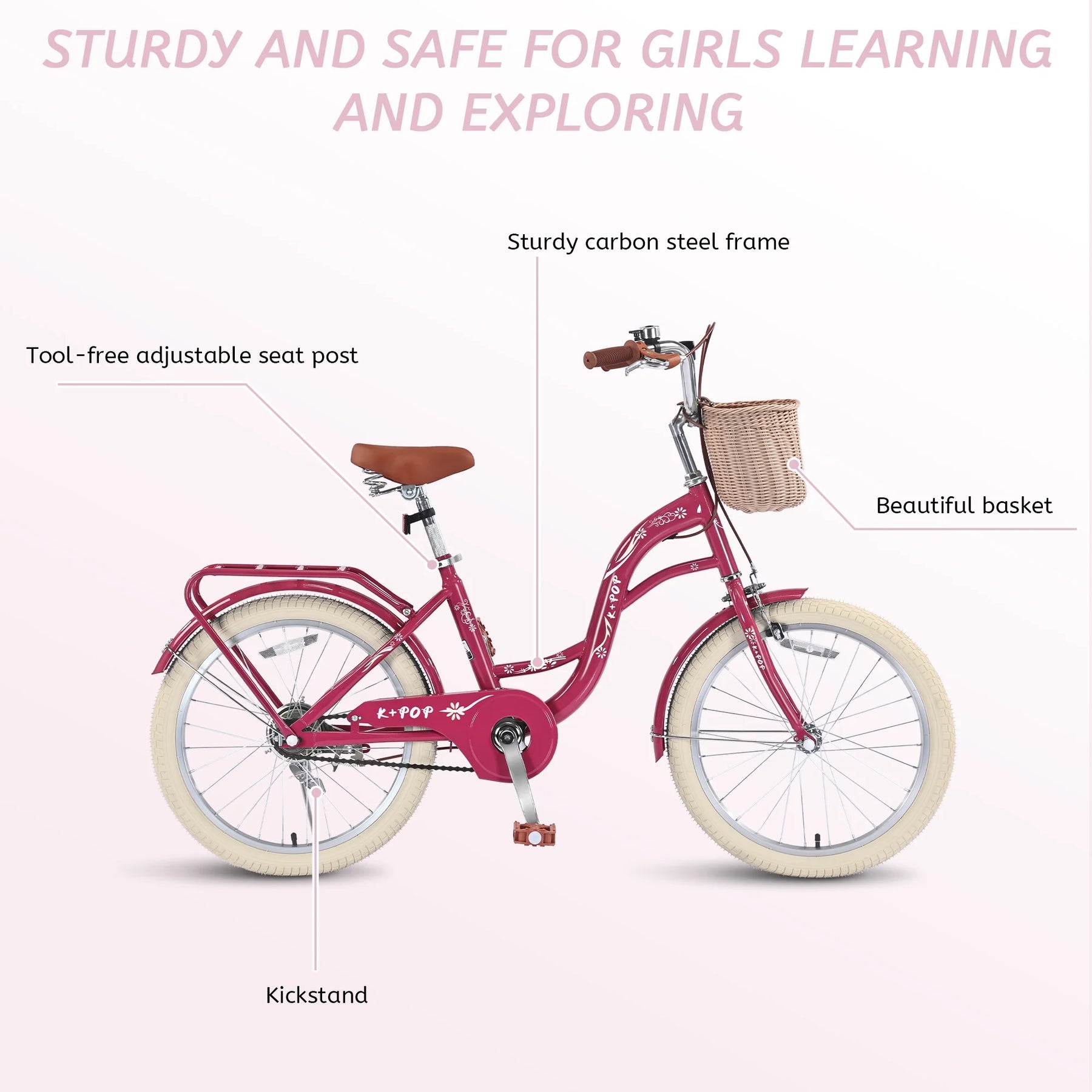 Bstjewey 20 in Girls Bike with Basket, Kids Bicycle for Ages 7 - 13