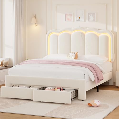 Twin Upholstered LED Bed Frame with Storage Drawer and Adjustable Chic Double Wavy Headboard, Velvet Princess Platform Bed for Kids/Girls, Solid Wood Slats Support, No Box Spring Needed, Beige