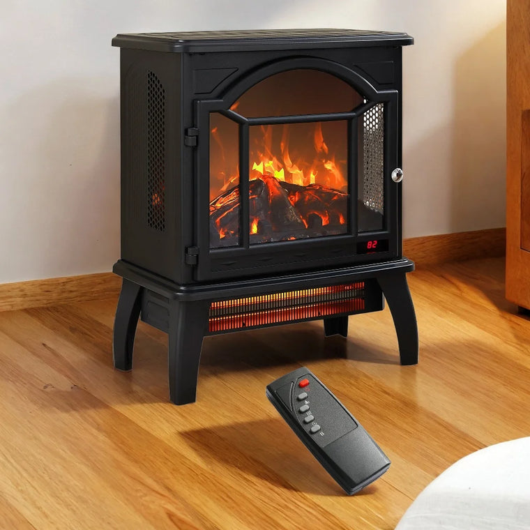 Efficient and Safe 3D Infrared Electric Stove 1500W Heater, 11 Temp Settings, Timer, and Realistic Flame Effect