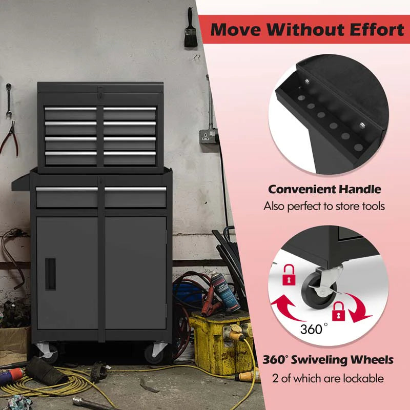 2-in-1 Rolling Tool Chest, 5-Drawer Tool Storage Cabinet with Wheels, Adjustable Shelf, Tool Box Organizer for Garage Warehouse Workshop