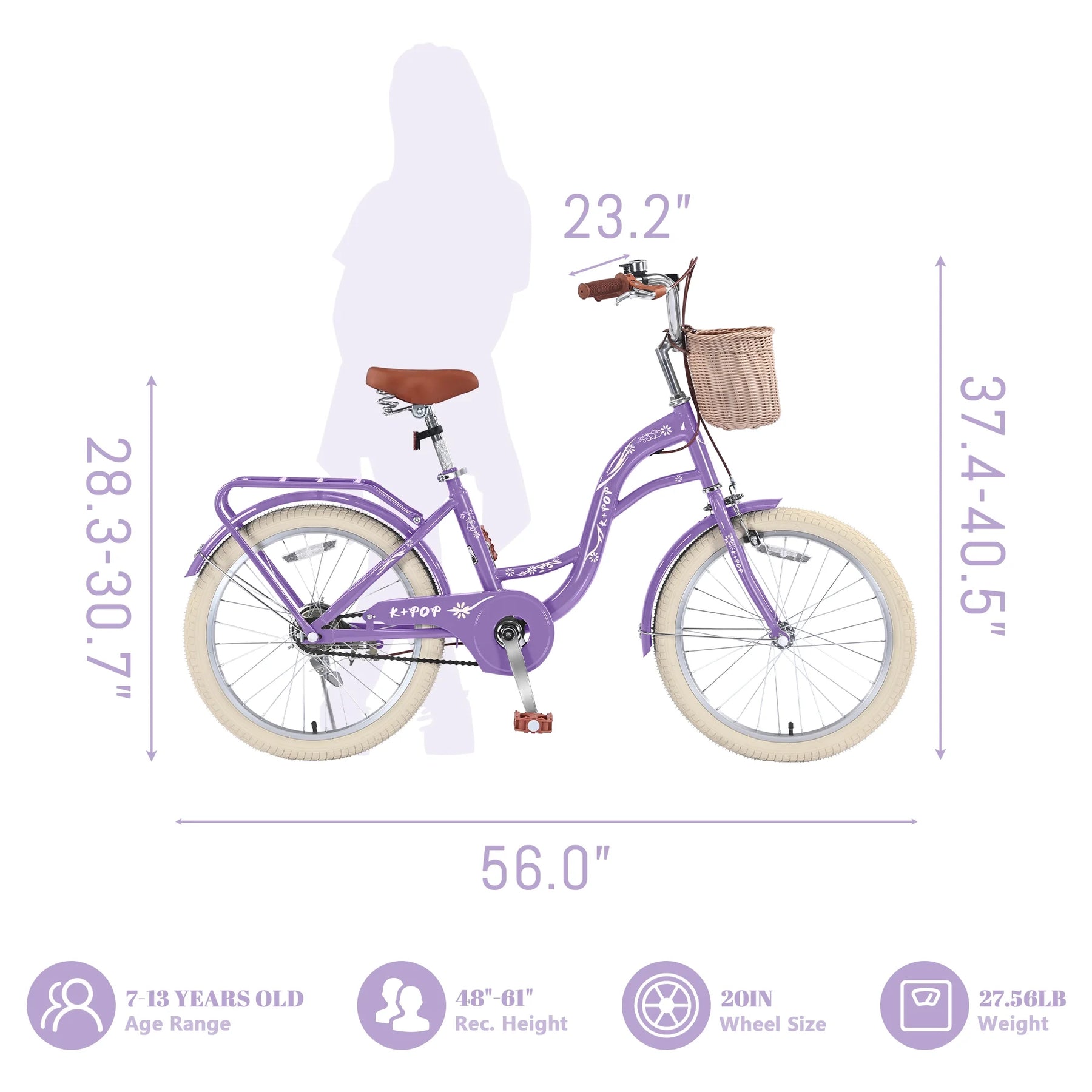 Bstjewey 20 in Girls Bike with Basket, Kids Bicycle for Ages 7 - 13