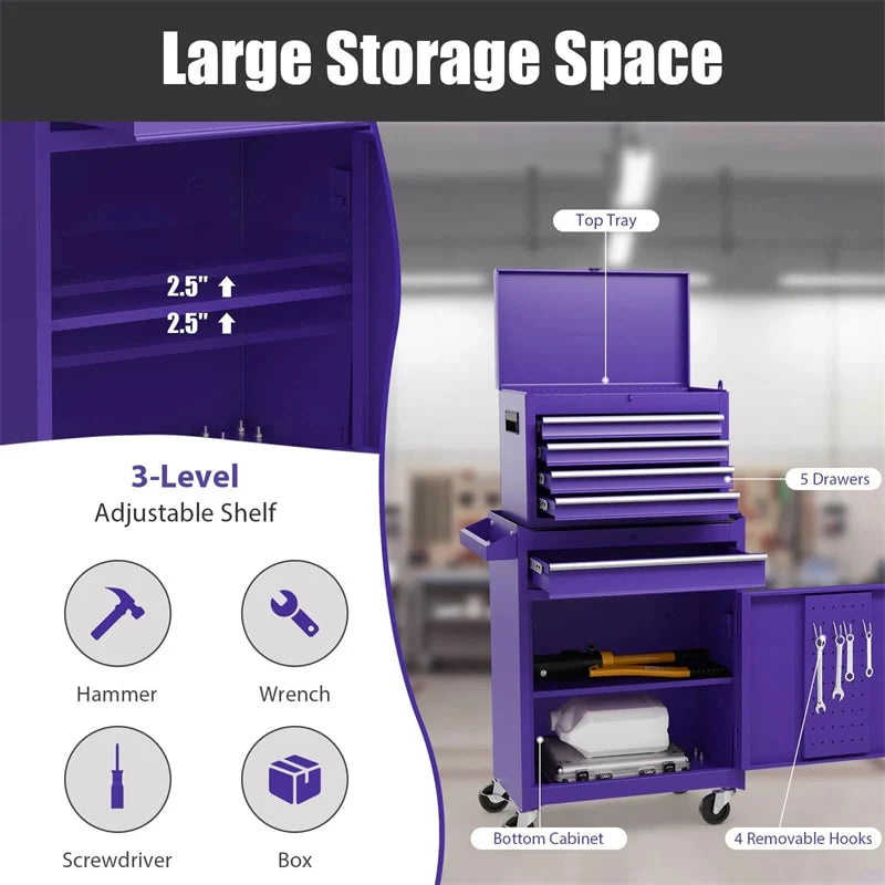 2-in-1 Rolling Tool Chest, 5-Drawer Tool Storage Cabinet with Wheels, Adjustable Shelf, Tool Box Organizer for Garage Warehouse Workshop